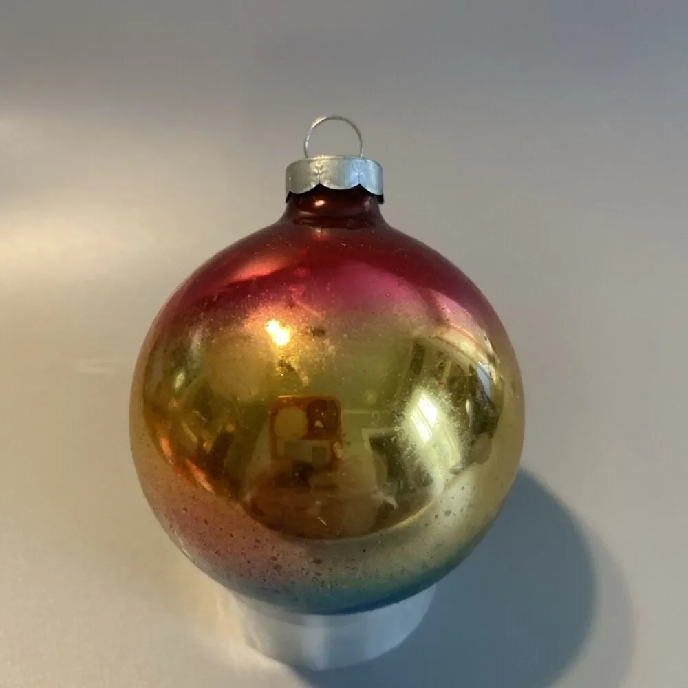 Vintage Christmas Ombre Glass Ornament Hand Made In USA Blue Red Gold Fade
